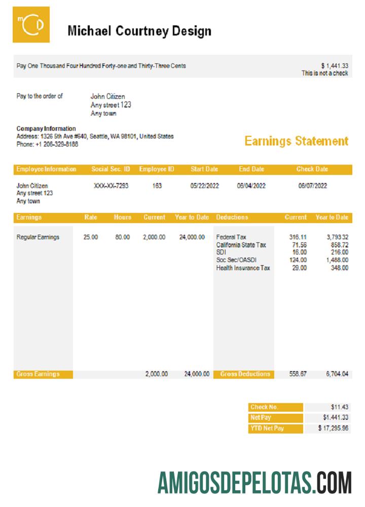 Recibo de pagamento da empresa gráfica Michael Courtney Design dos EUA modelo